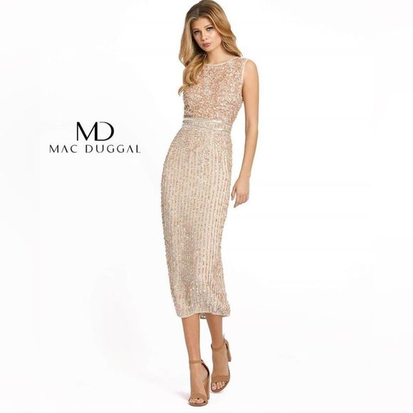 $398 Mac Duggal 10509 Midi Sheath SequinCocktail Dress in Nude 214/090 - Picture 15 of 15